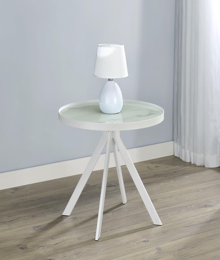 Briggs Round Marble Printed Glass Top End Side Table White-zoom-