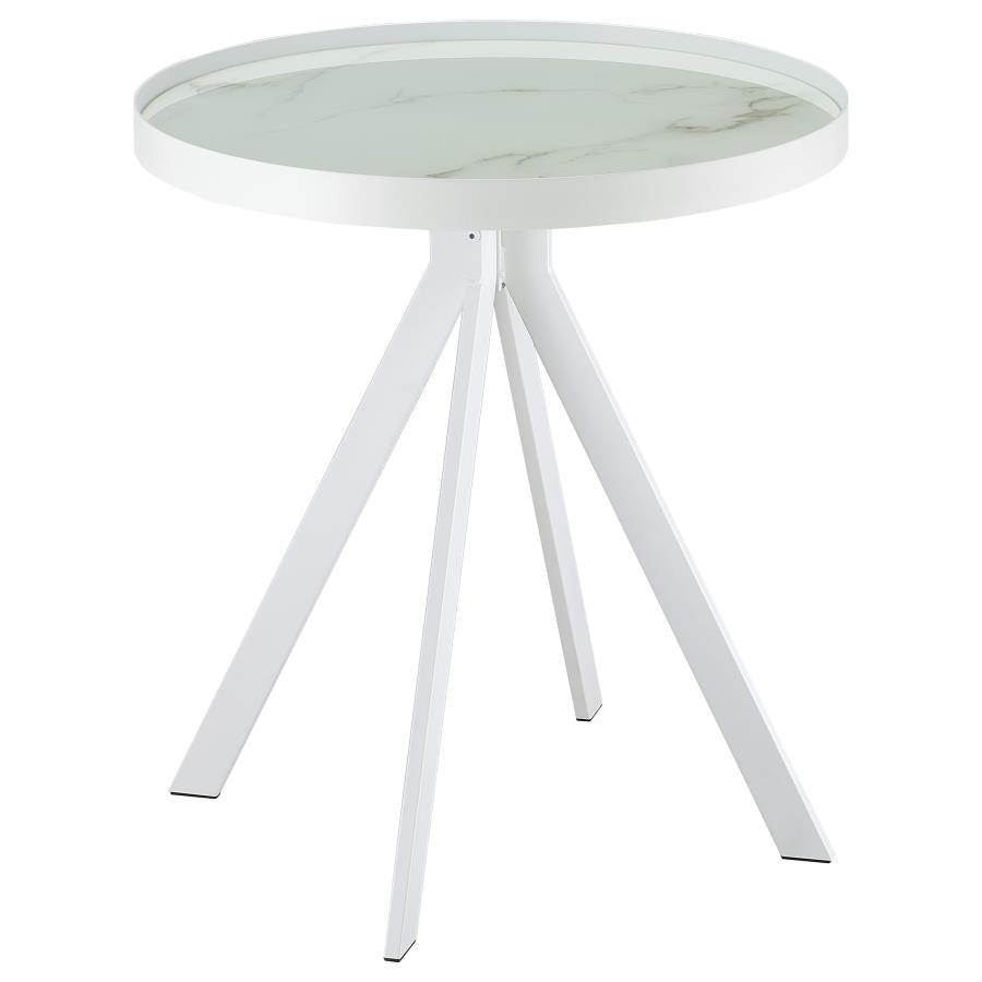 Briggs Round Marble Printed Glass Top End Side Table White-zoom-1