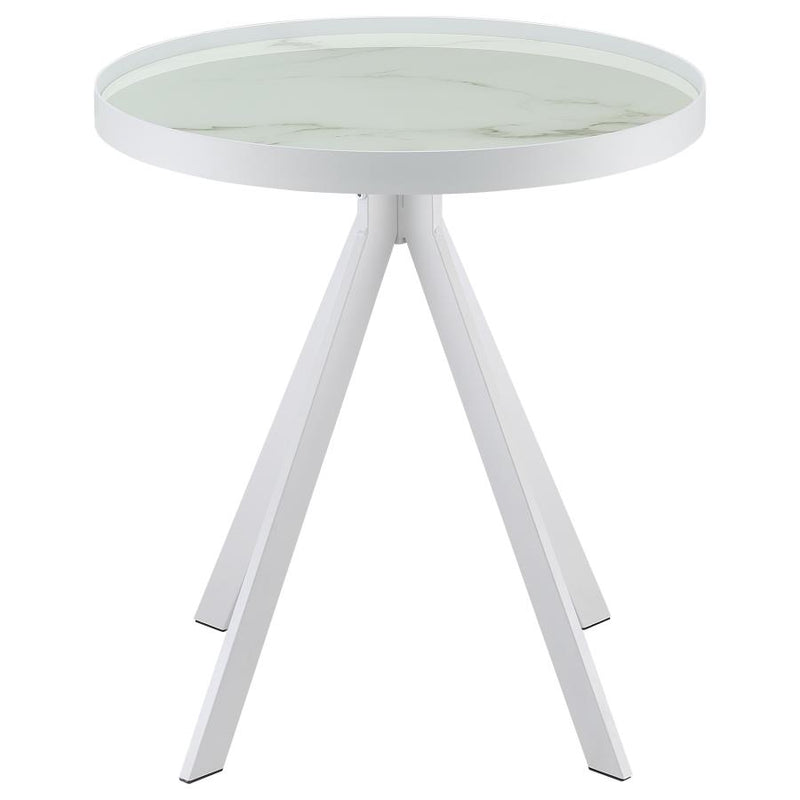 Briggs Round Marble Printed Glass Top End Side Table White-zoom-