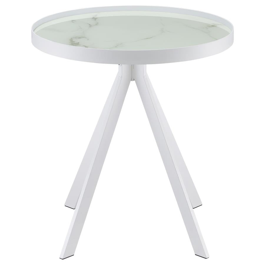 Briggs Round Marble Printed Glass Top End Side Table White-4