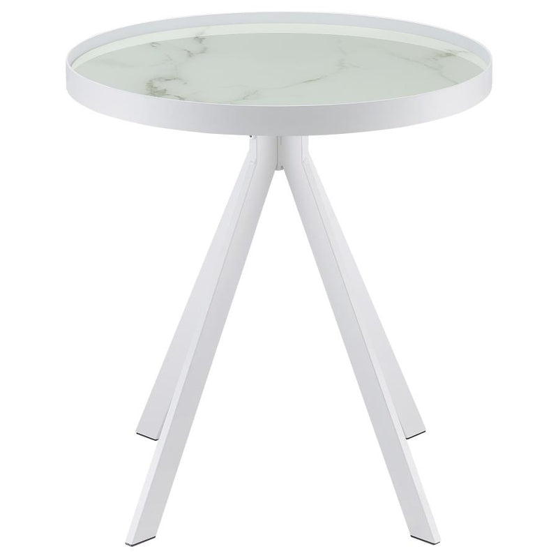 Briggs Round Marble Printed Glass Top End Side Table White-zoom-