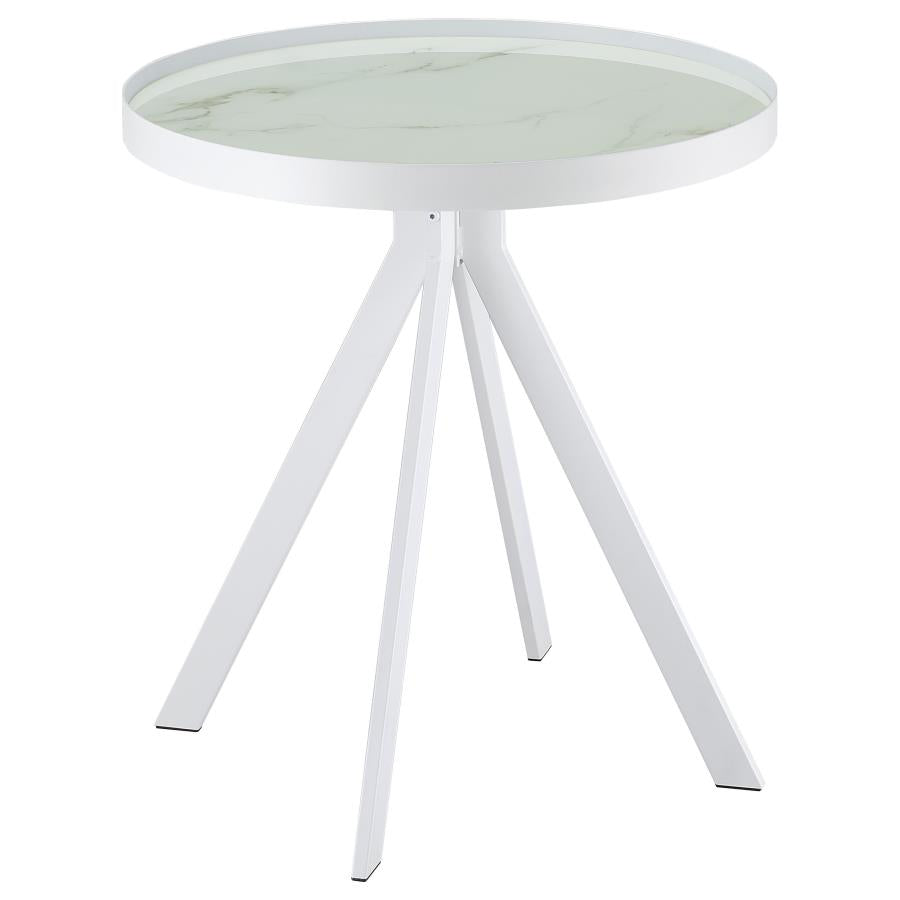 Briggs Round Marble Printed Glass Top End Side Table White-5