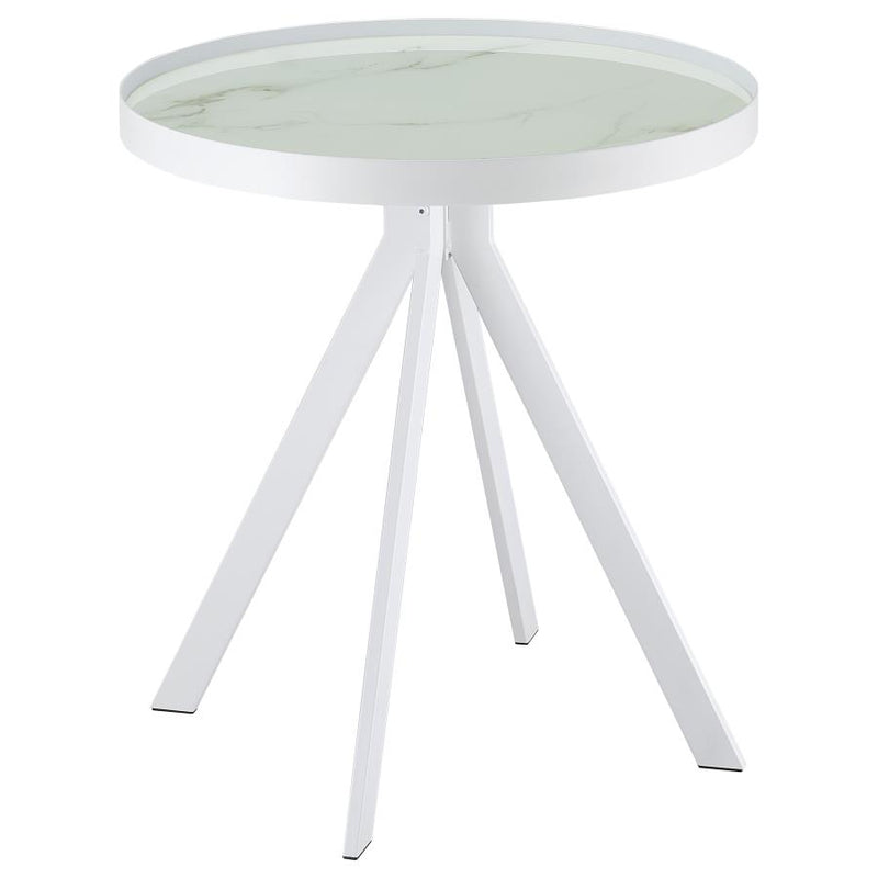 Briggs Round Marble Printed Glass Top End Side Table White-zoom-