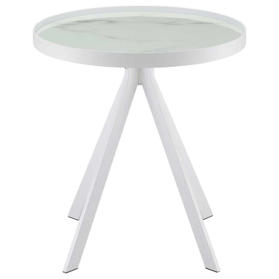 Briggs Round Marble Printed Glass Top End Side Table White-6