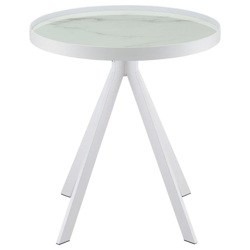 Briggs Round Marble Printed Glass Top End Side Table White-zoom-