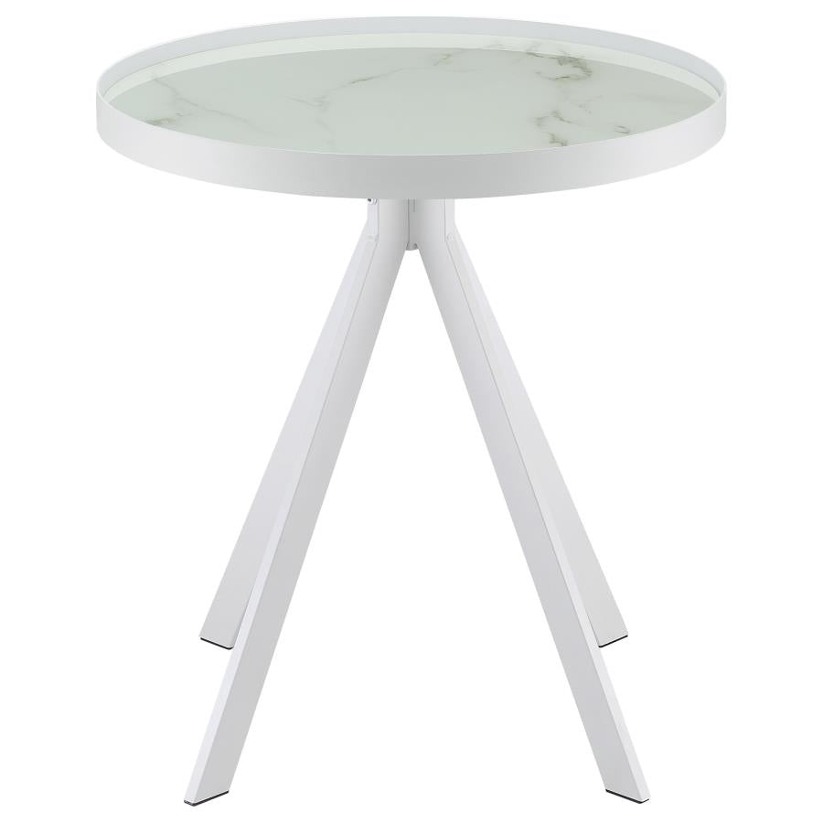 Briggs Round Marble Printed Glass Top End Side Table White-7