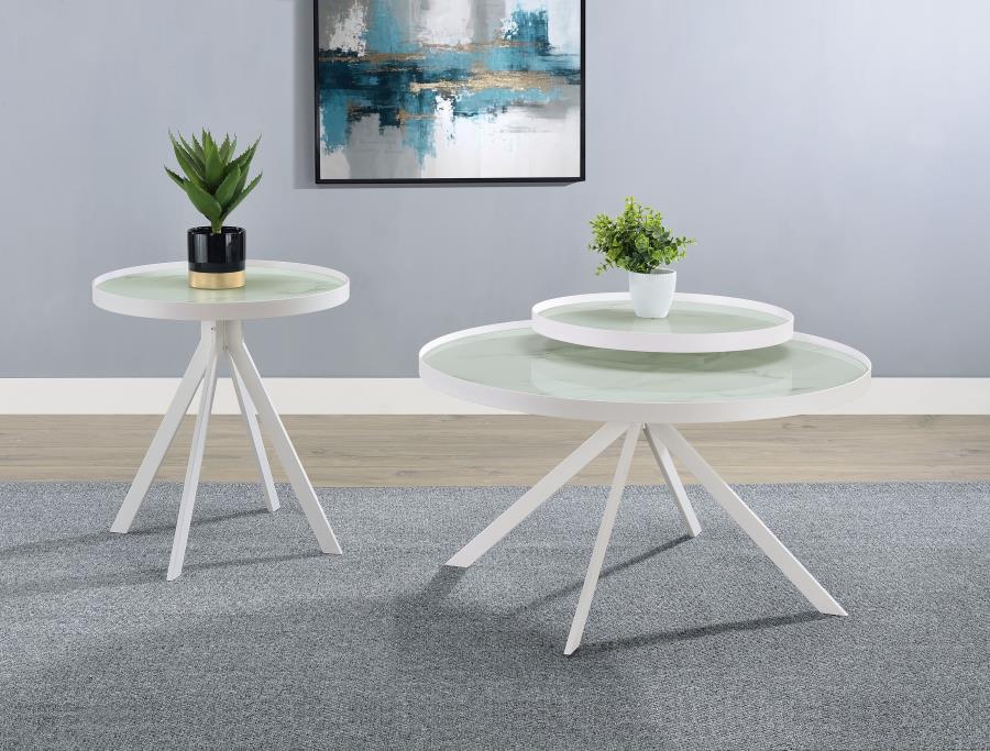 Briggs Round Marble Printed Glass Top End Side Table White-10