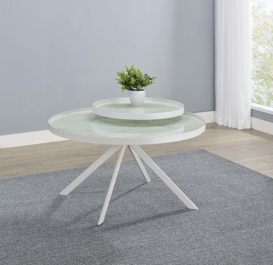 Briggs Round Marble Printed Glass Top Coffee Table White-2