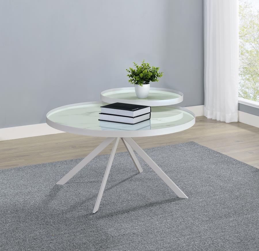 Briggs Round Marble Printed Glass Top Coffee Table White-zoom-3