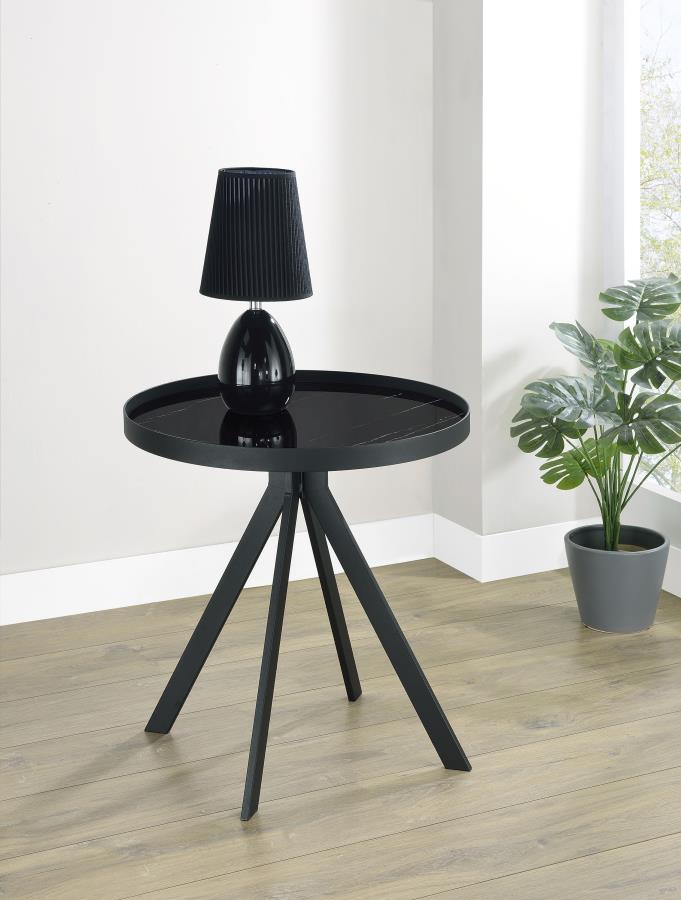 Briggs Round Marble Printed Glass Top End Table Black-2