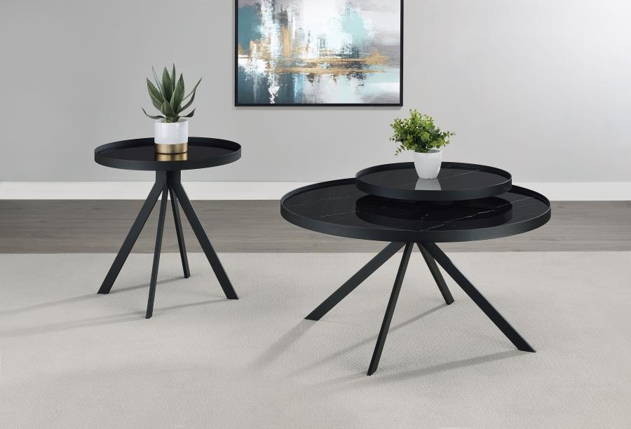 Briggs Round Marble Printed Glass Top End Table Black-10