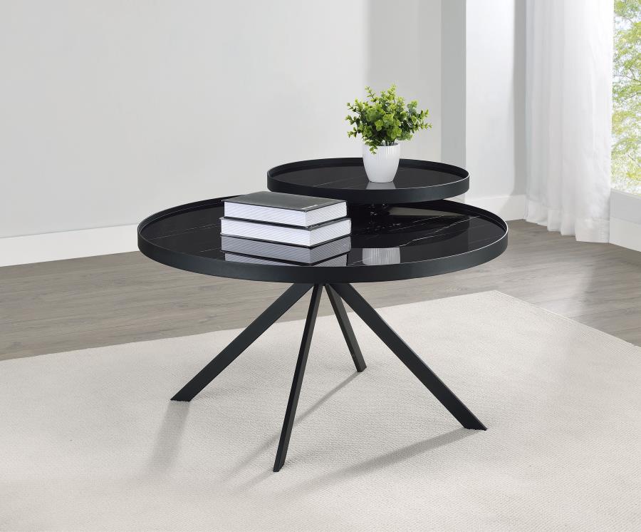 Briggs Round Marble Printed Glass Top Coffee Table Black-zoom-3