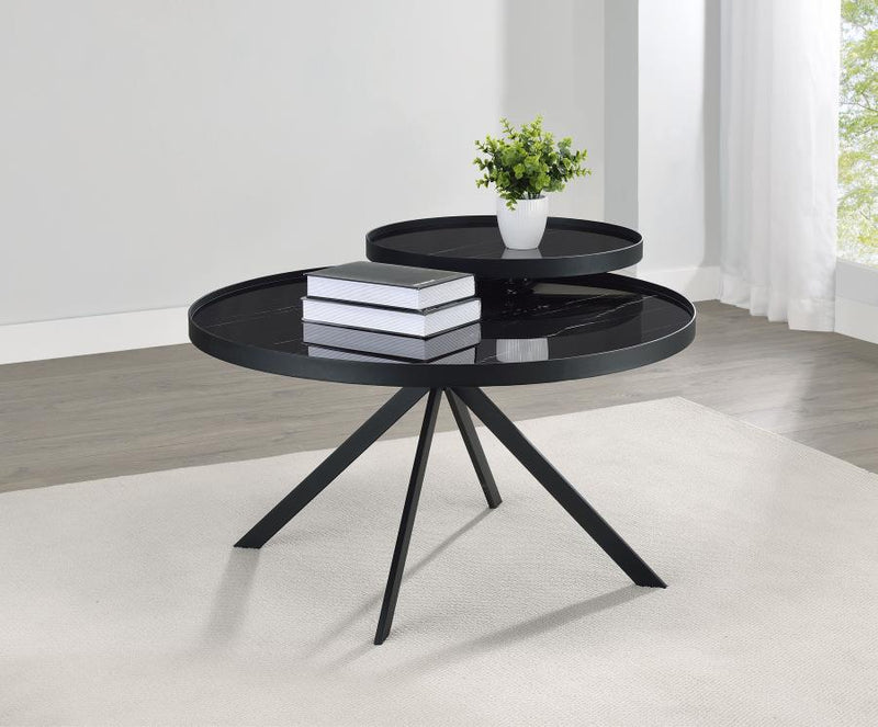 Briggs Round Marble Printed Glass Top Coffee Table Black-zoom-