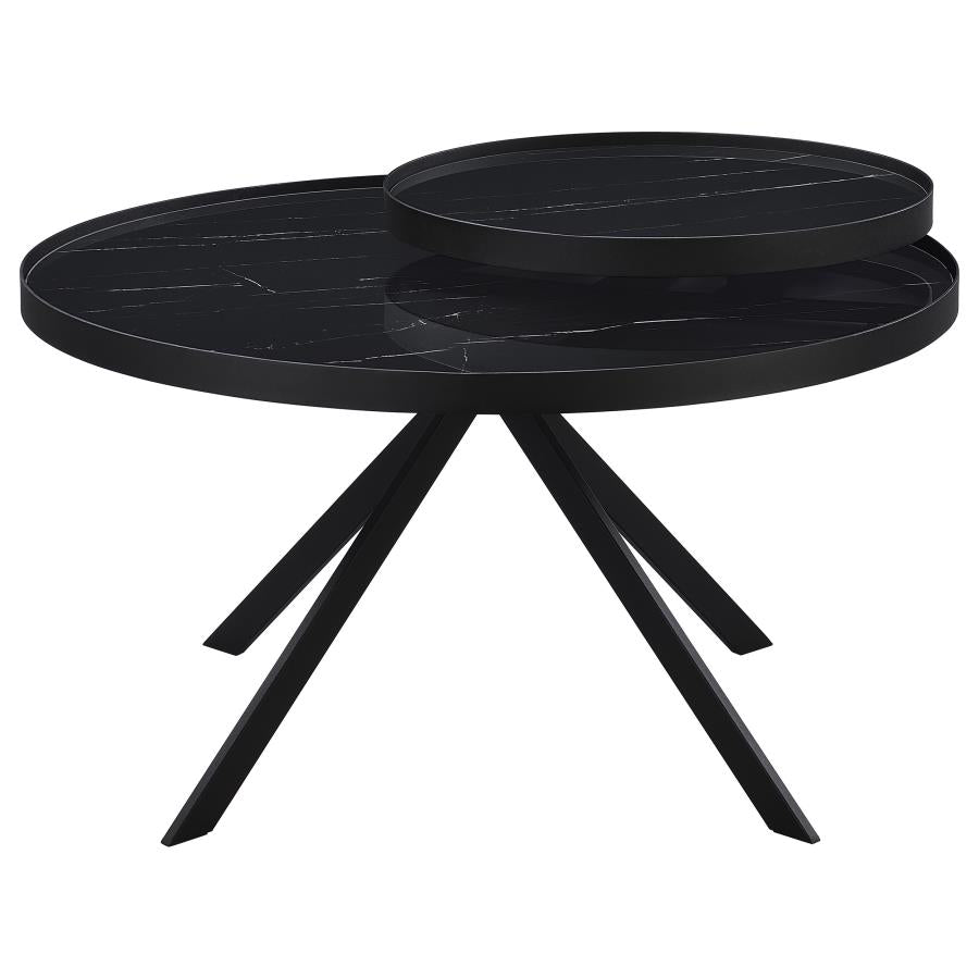 Briggs Round Marble Printed Glass Top Coffee Table Black-5