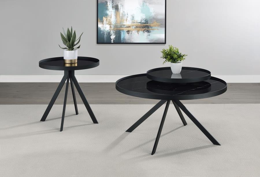 Briggs Round Marble Printed Glass Top Coffee Table Black-13