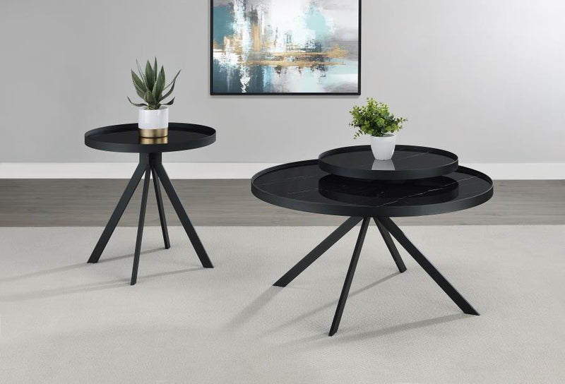 Briggs Round Marble Printed Glass Top Coffee Table Black-zoom-