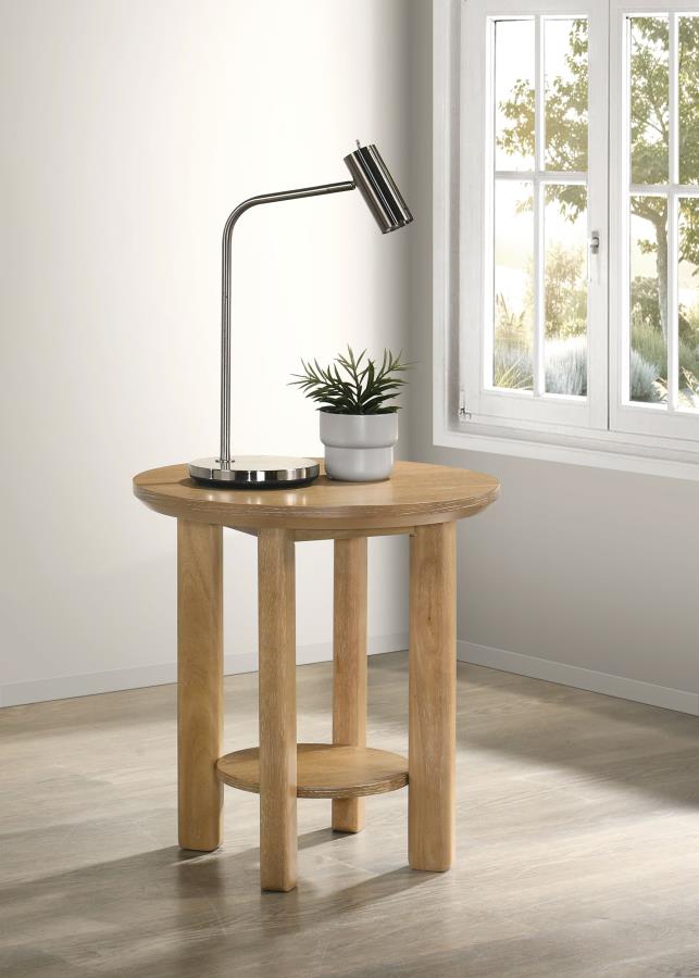 Ottowa Round Wood Side End Table with Shelf Light Oak-2