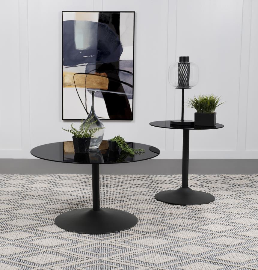 Ganso 2-piece Round Glass Top Coffee and End Table Set Black-1