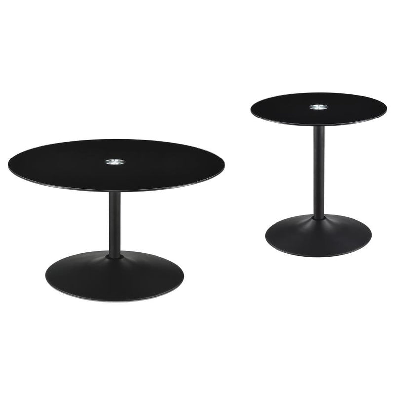 Ganso 2-piece Round Glass Top Coffee and End Table Set Black-zoom-