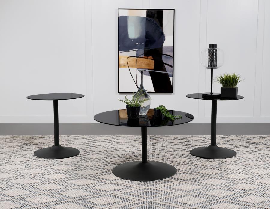 Ganso 3-piece Round Glass Top Coffee and End Table Set Black