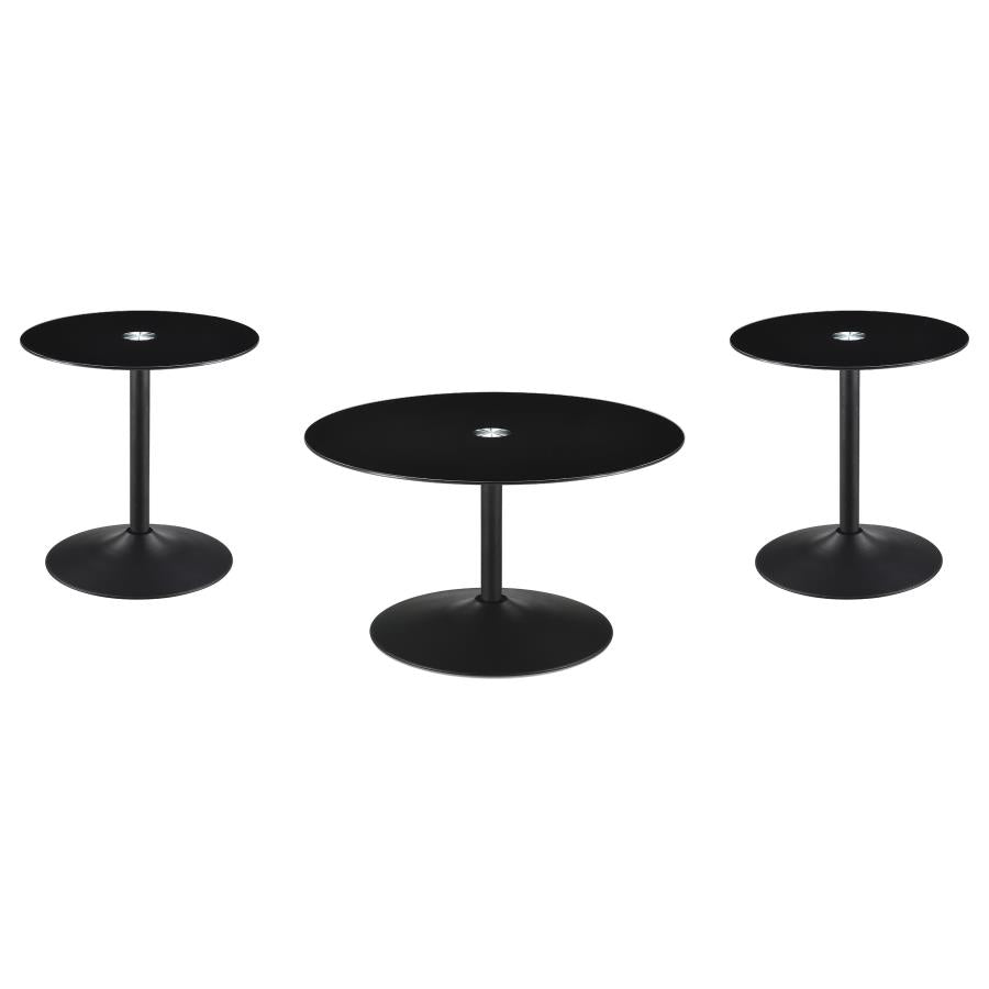 Ganso 3-piece Round Glass Top Coffee and End Table Set Black-zoom-2
