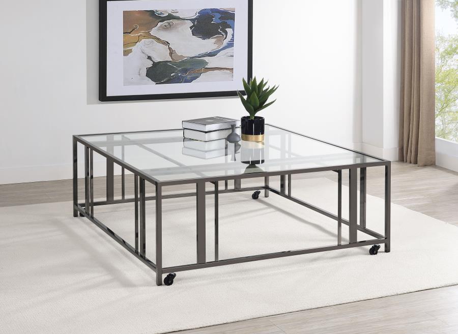 Adri Square Glass Top Coffee Table with Casters Black Nickel-zoom-2