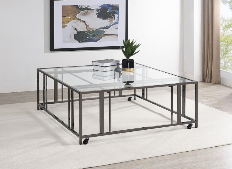 Adri Square Glass Top Coffee Table with Casters Black Nickel-zoom-