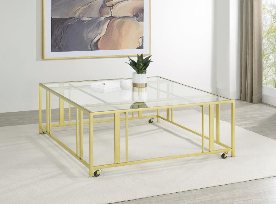 Adri Square Glass Top Coffee Table with Casters Matte Brass-zoom-2