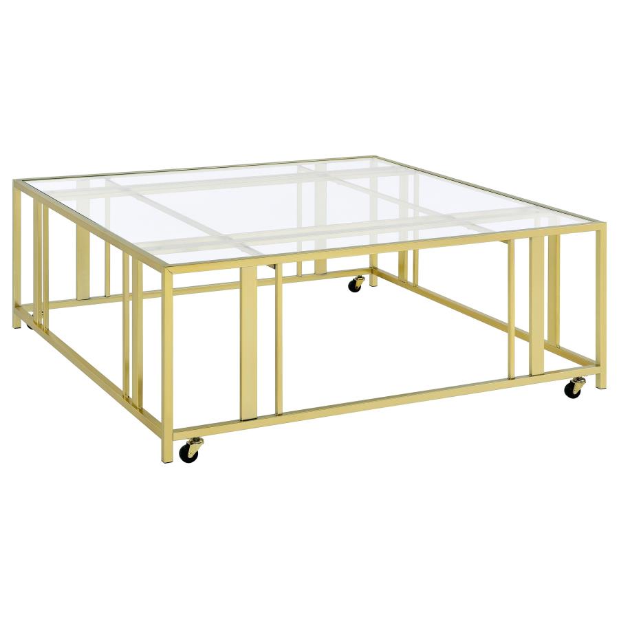 Adri Square Glass Top Coffee Table with Casters Matte Brass-zoom-1
