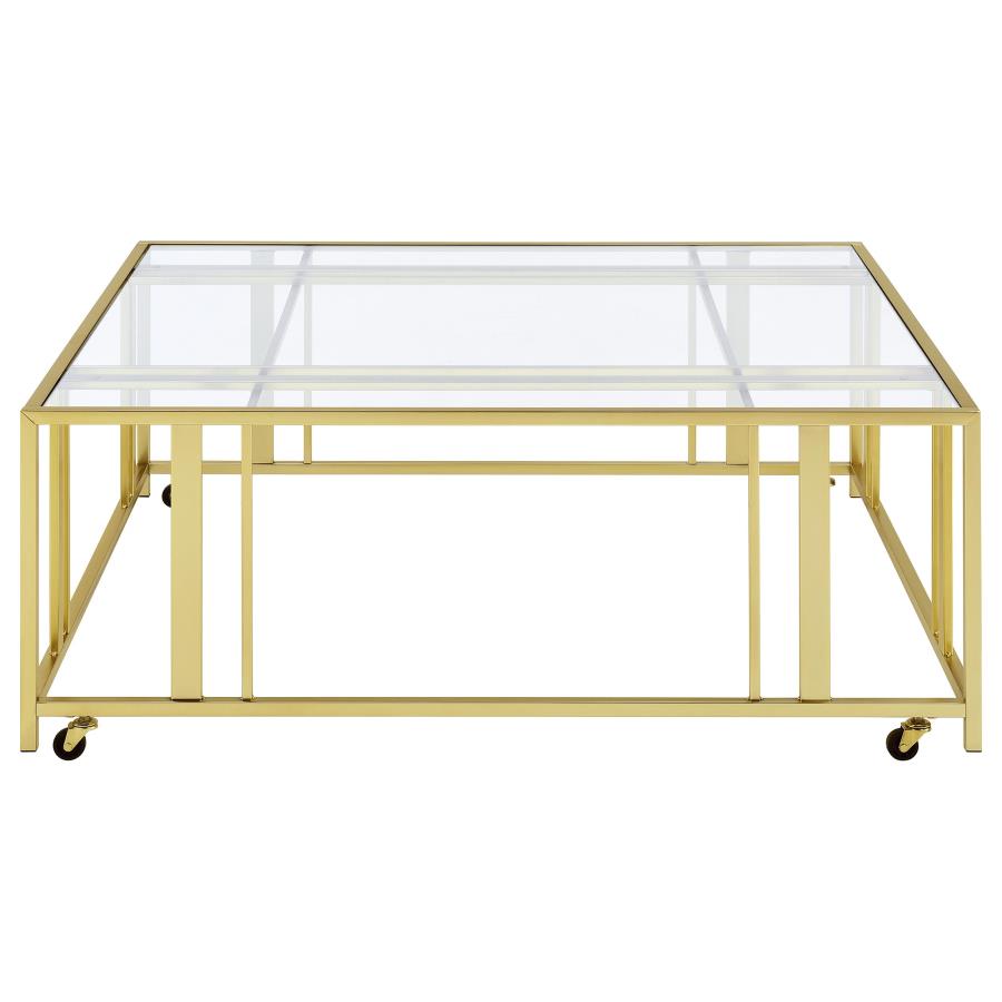 Adri Square Glass Top Coffee Table with Casters Matte Brass-zoom-3