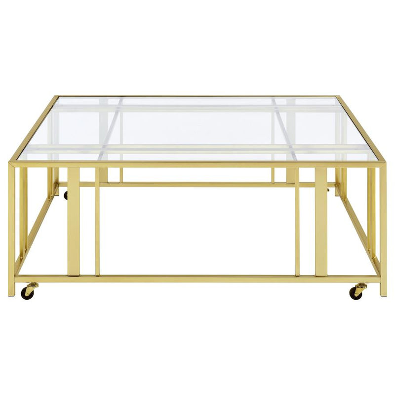 Adri Square Glass Top Coffee Table with Casters Matte Brass-zoom-