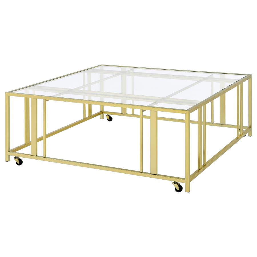 Adri Square Glass Top Coffee Table with Casters Matte Brass-zoom-4