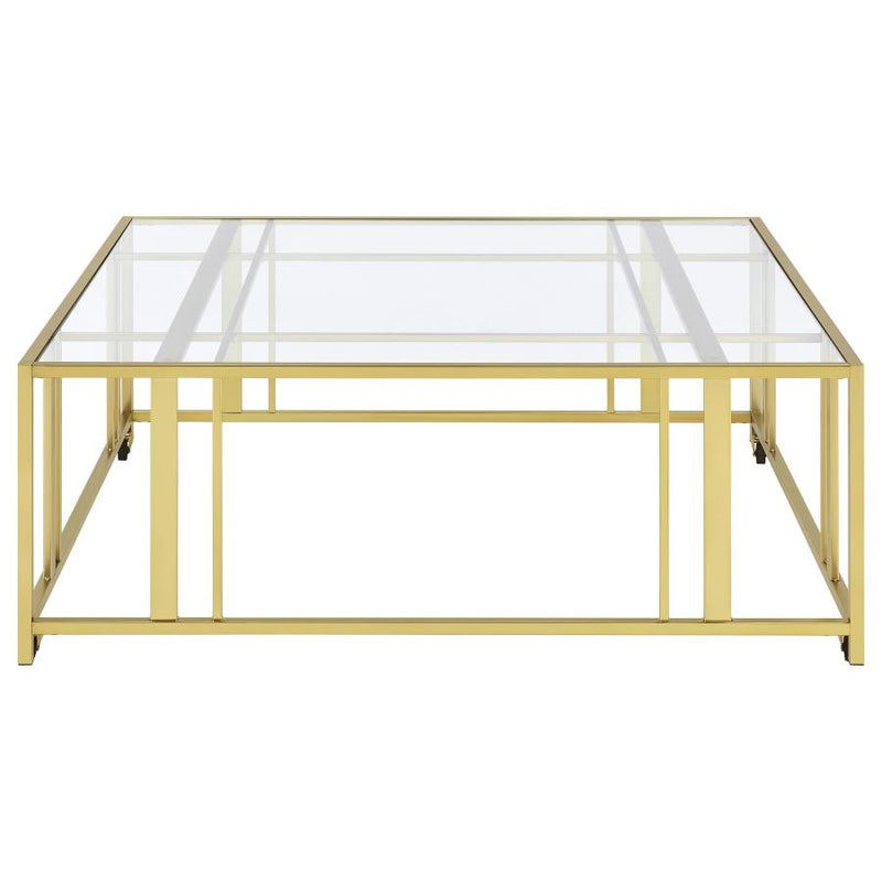 Adri Square Glass Top Coffee Table with Casters Matte Brass-zoom-