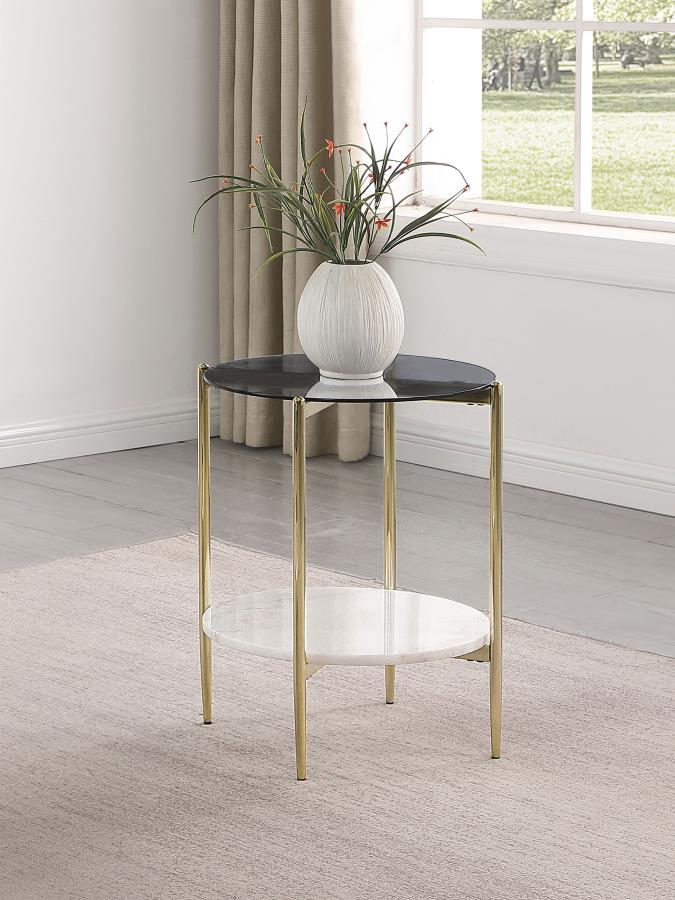 Jonelle Round Glass Top End Table White Marble Shelf Gold-zoom-2