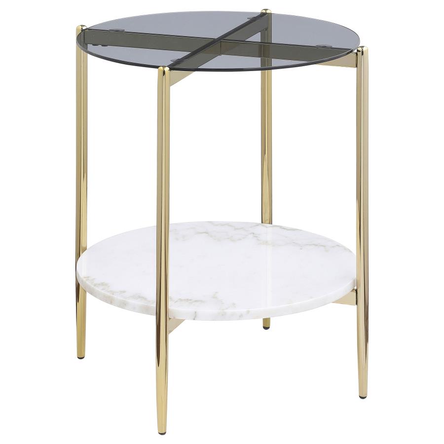 Jonelle Round Glass Top End Table White Marble Shelf Gold-1