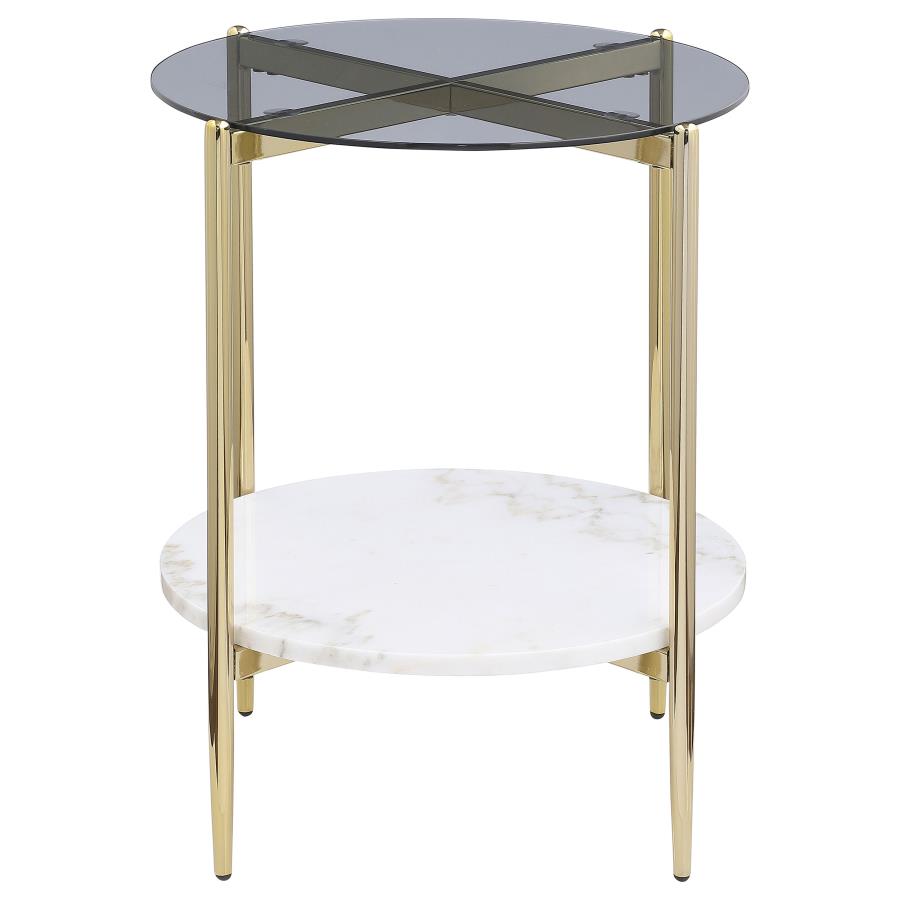 Jonelle Round Glass Top End Table White Marble Shelf Gold-3
