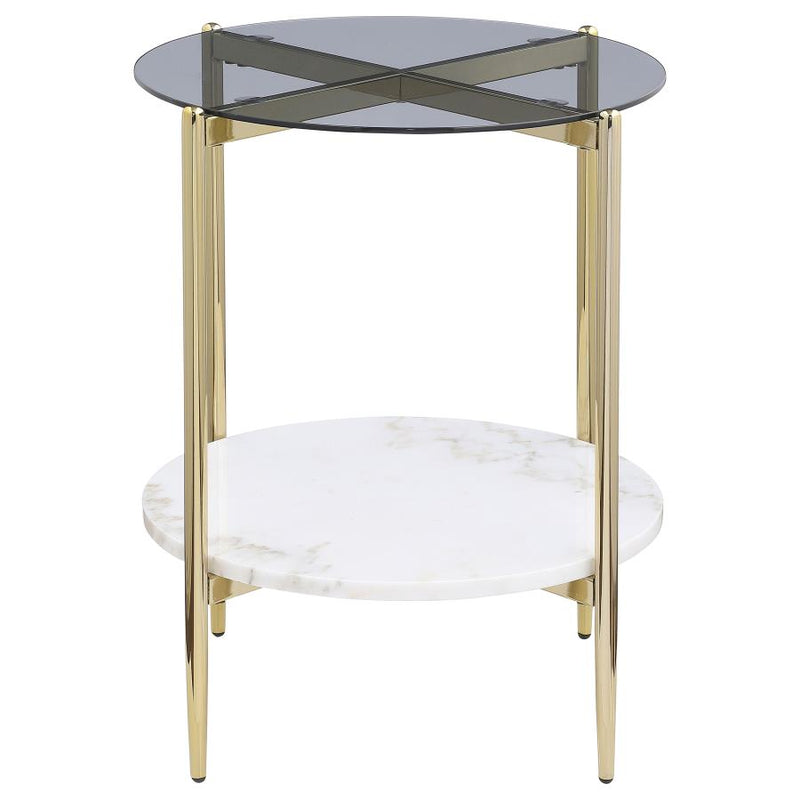 Jonelle Round Glass Top End Table White Marble Shelf Gold-zoom-
