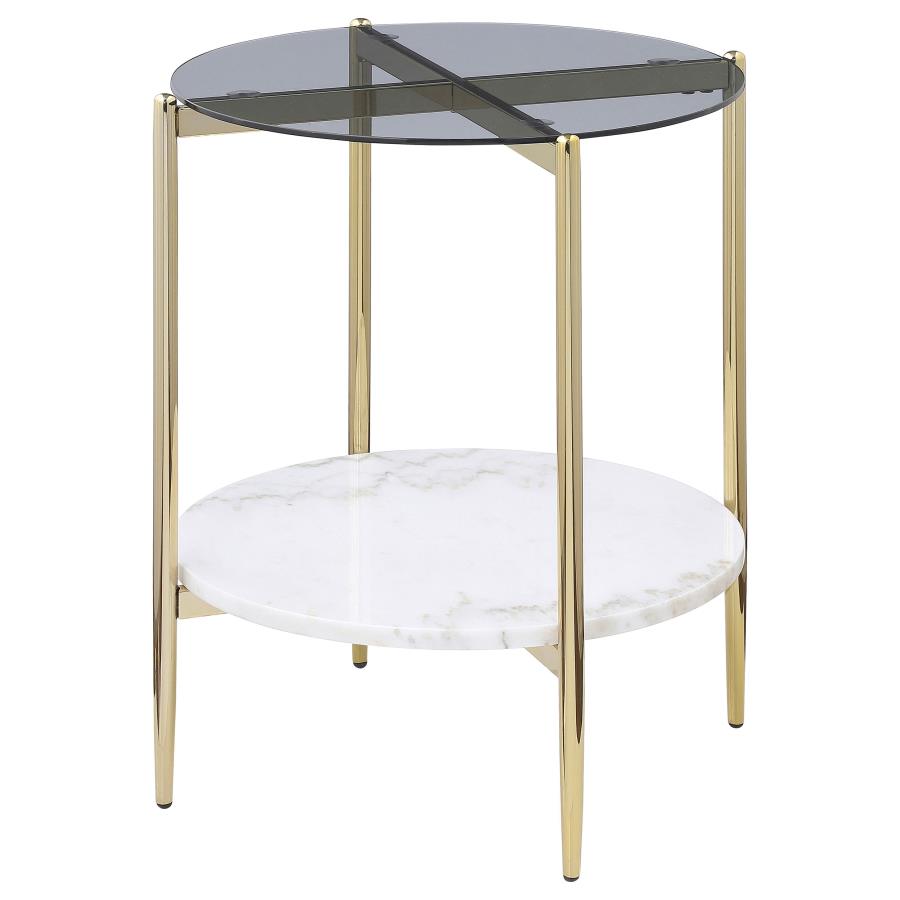 Jonelle Round Glass Top End Table White Marble Shelf Gold-zoom-4