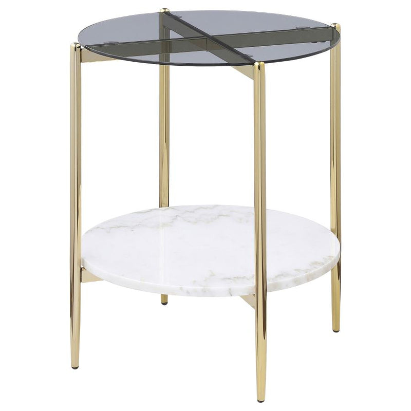 Jonelle Round Glass Top End Table White Marble Shelf Gold-zoom-