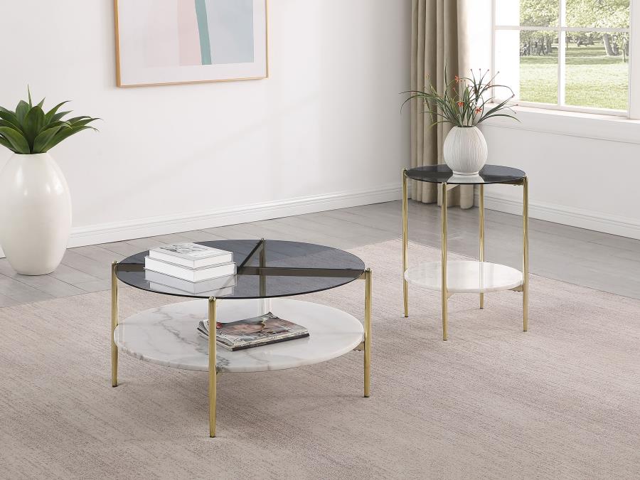 Jonelle Round Glass Top End Table White Marble Shelf Gold-zoom-9