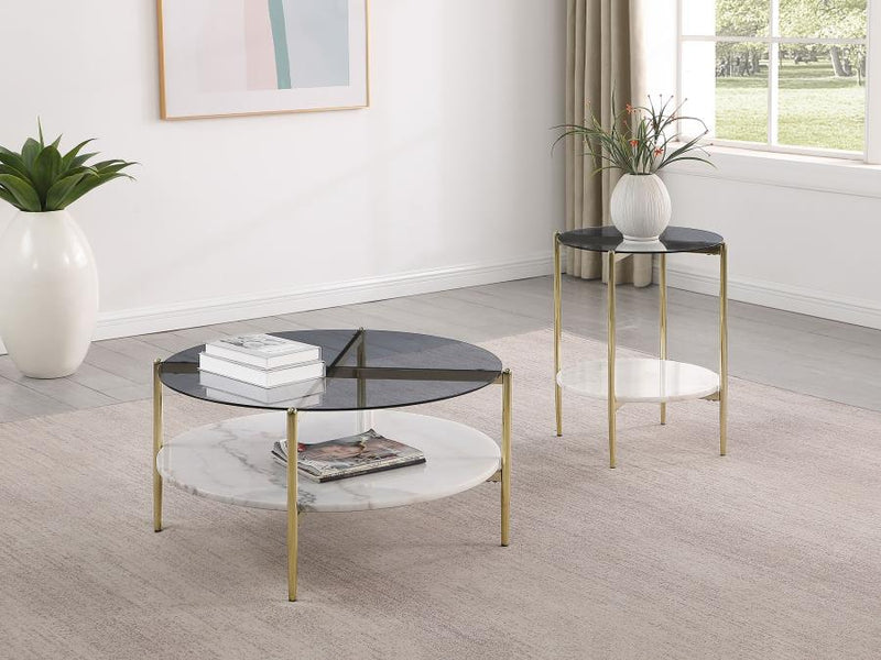 Jonelle Round Glass Top End Table White Marble Shelf Gold-zoom-