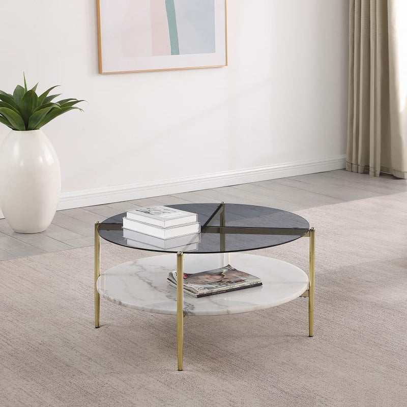 Jonelle Round Glass Top Coffee Table White Marble Shelf Gold-zoom-