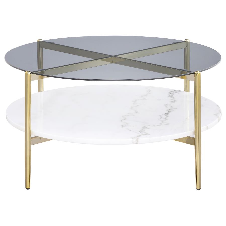 Jonelle Round Glass Top Coffee Table White Marble Shelf Gold-3