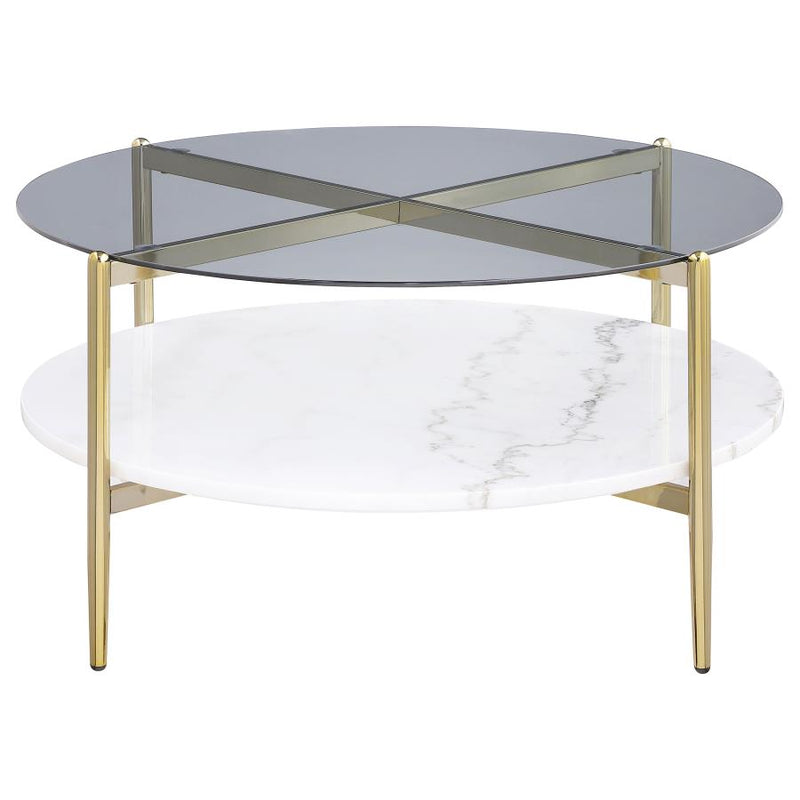 Jonelle Round Glass Top Coffee Table White Marble Shelf Gold-zoom-