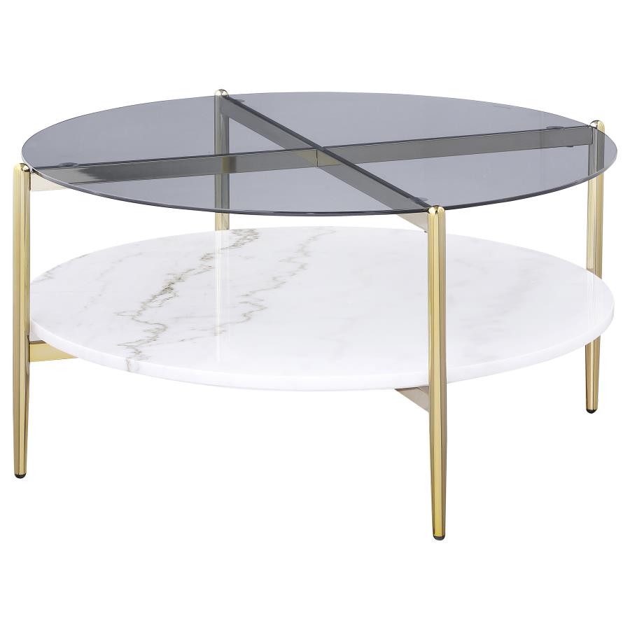 Jonelle Round Glass Top Coffee Table White Marble Shelf Gold-4
