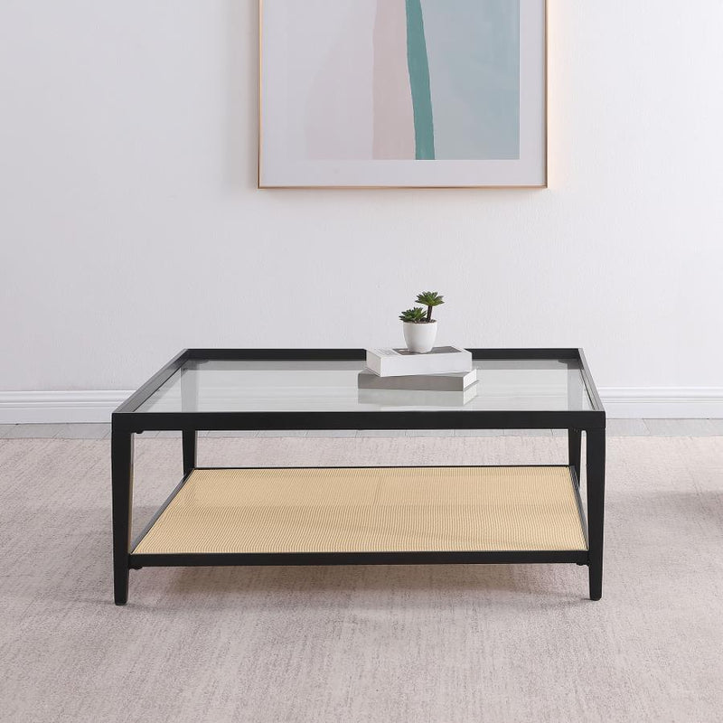 Amherst Glass Top Metal with Cane Shelf Coffee Table Black-zoom-