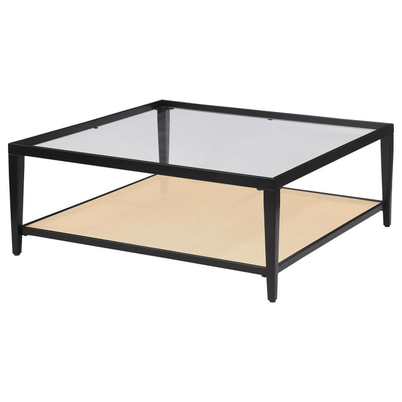 Amherst Glass Top Metal with Cane Shelf Coffee Table Black-zoom-