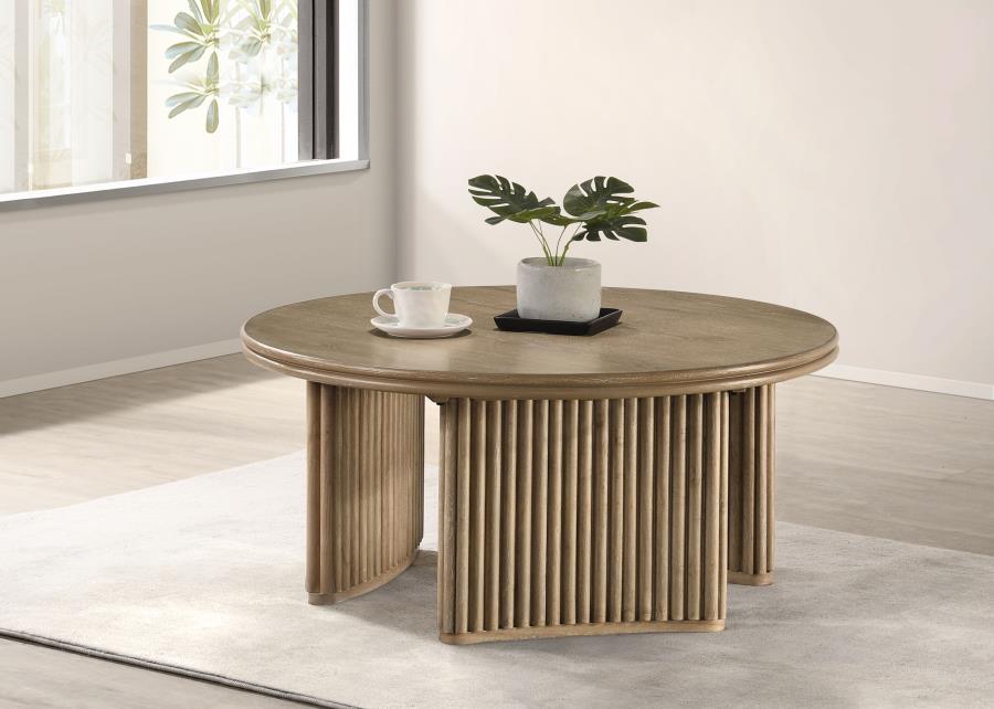 Adina 36-inch Round Wood Coffee Table Distressed Light Brown-2