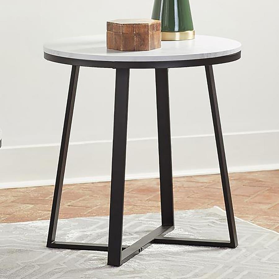 Hugo Round Faux Marble End Table White and Matte Black-2