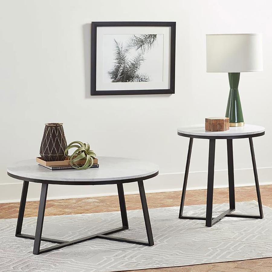 Hugo Round Faux Marble Coffee Table White and Matte Black-zoom-4